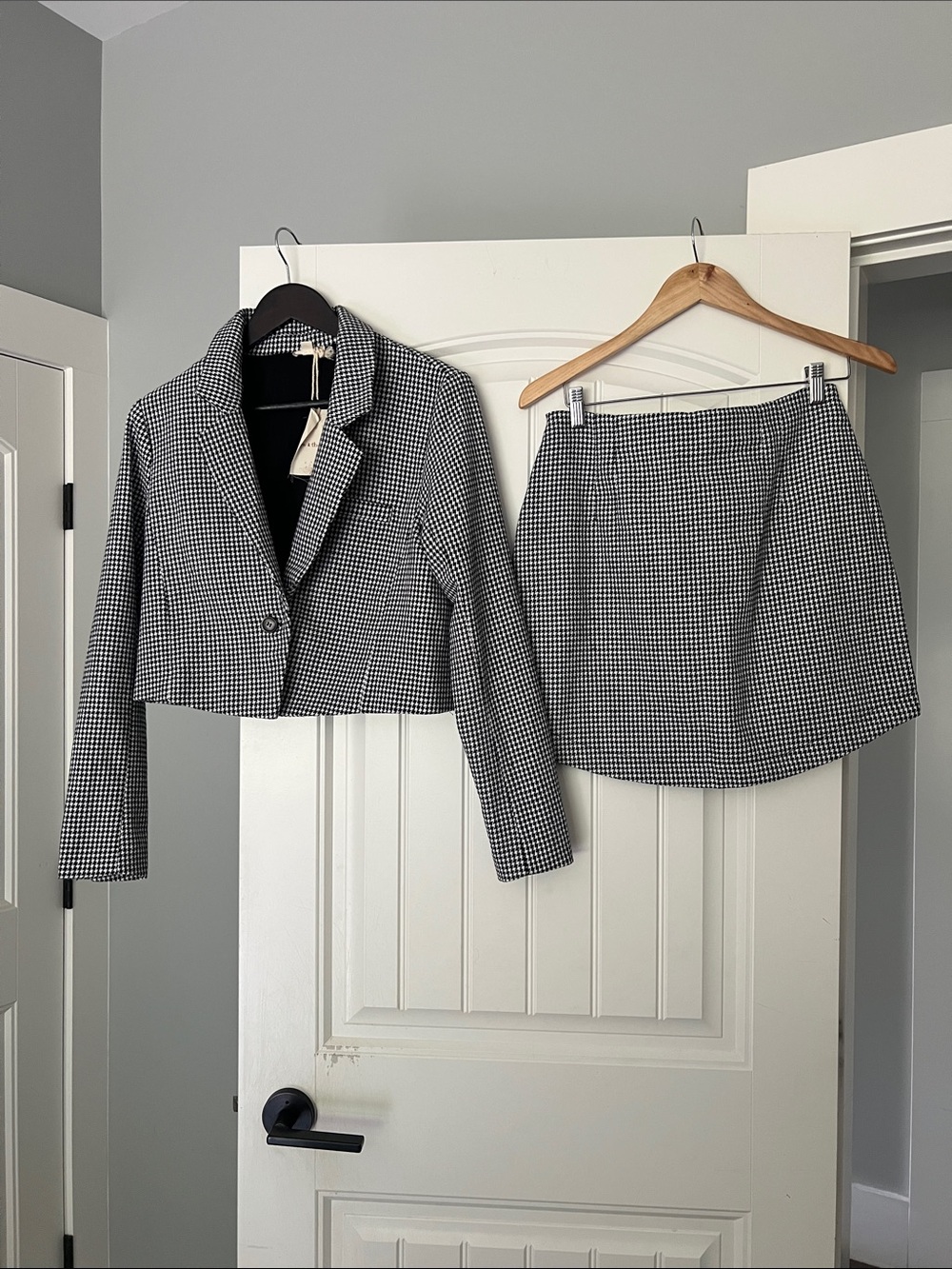 Hem & Thread Black and White Houndstooth Cropped Blazer and Skirt